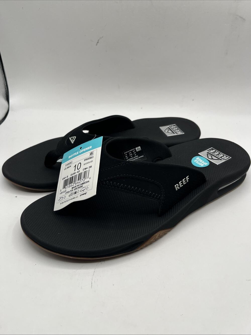 REEF Fanning Mens 10 Water Friendly Bottle Opener Sandals Flip Flops Black NWT
